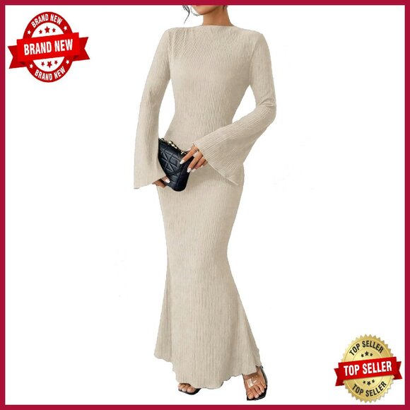 Maxi Dress with Flare Sleeves, Bodycon Fit, Mermaid Hem - Picture 1 of 8